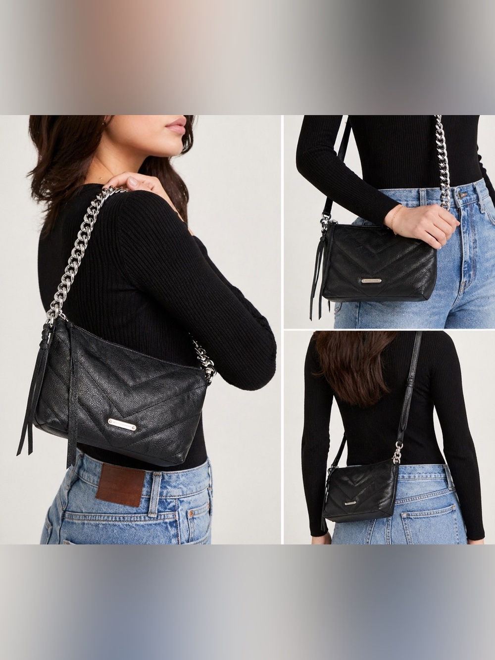 Rebecca Minkoff Edie Quilted Leather Chain Shoulder Bag Black Silver Mini New